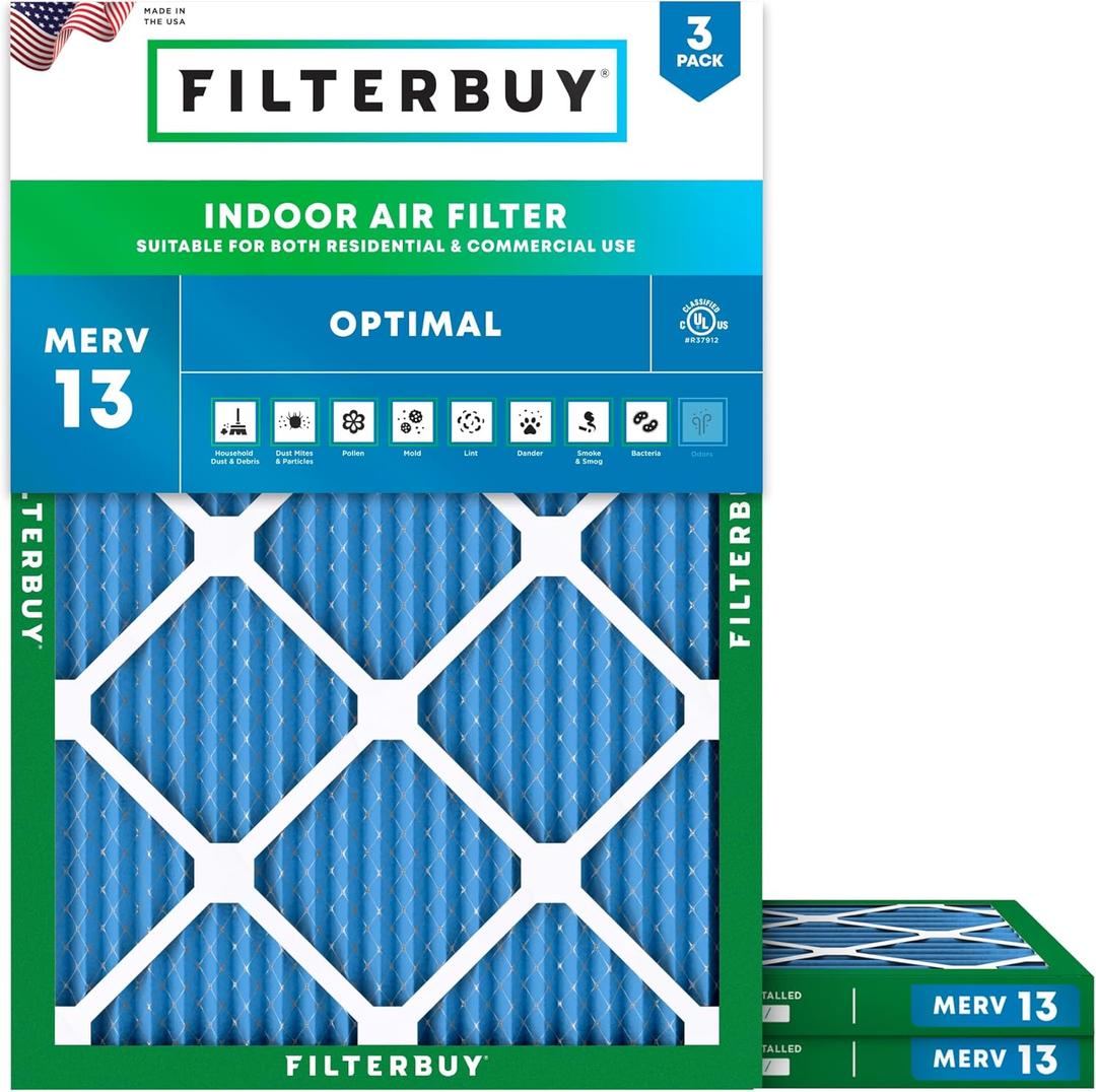 Filterbuy 20x23x1 Air Filter MERV 13 Optimal Smoke & Allergy Defense (3-Pack), Electrostatic Pleated HVAC AC Furnace Filters Replacement, Made in USA (Actual Size: 19.50 x 22.50 x 0.75)