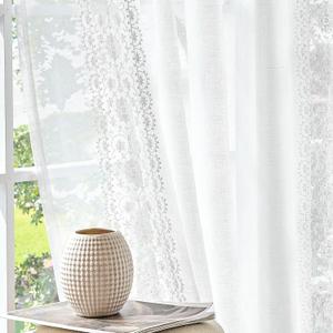 jinchan Weslie Floral White Sheer Curtains for Living Room 84 Inch Long Embroidered Voile Farmhouse Linen Curtains for Bedroom Bordered Flower Patterned Cottage Core Window Drapes 2 Panels Off White, 50"W x 84"L