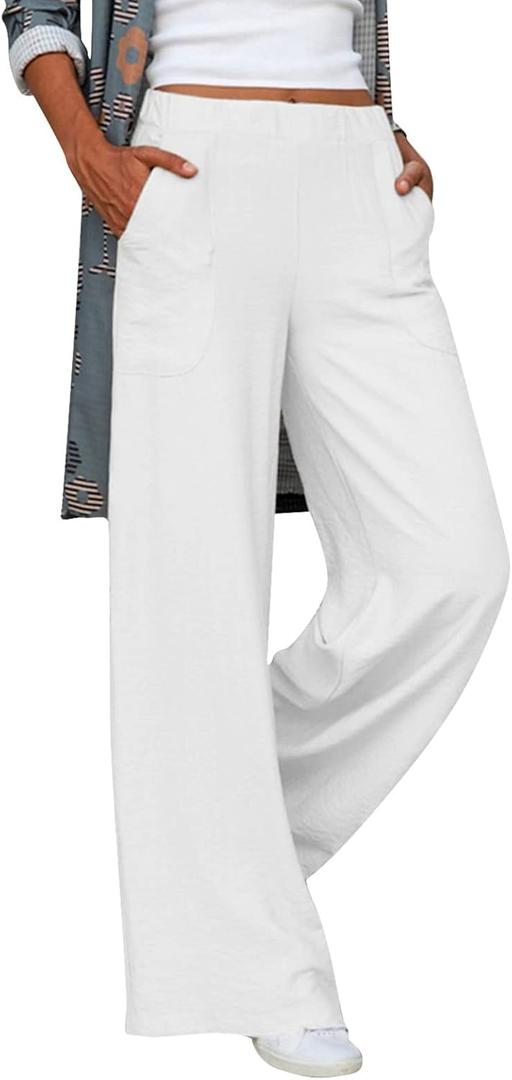 Womens Casual Wide Leg Pants Solid High Waisted Loose Cozy Pants Comfy Lightweight Pants with Pockets 160
