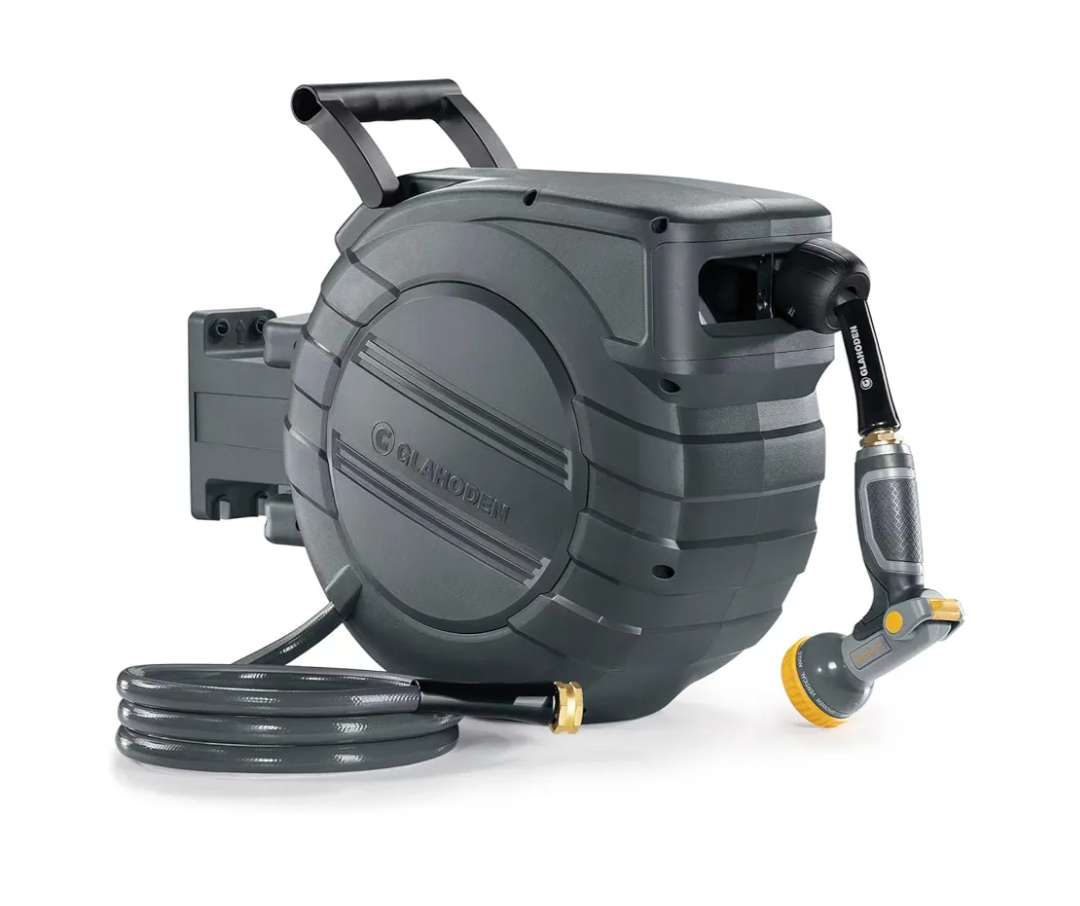 Retractable Garden Hose Reel 1/2 in x 100 ft, 2025 Upgraded Dual Ratchet Lock UV & Freeze Protection Brass Seal Slow Retraction Anti-Tangle Hose 180°Swivel Reinforced Scaffold Wall Mount