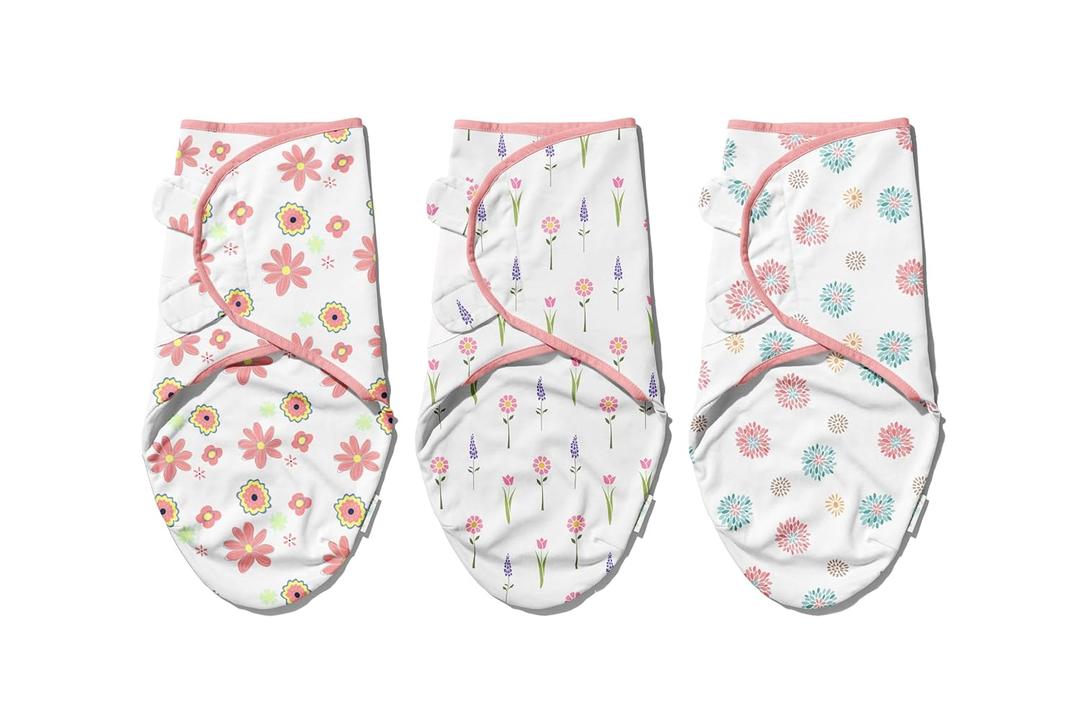 Ouch Baby Cotton Swaddle Wrap | Improves Sleep & Calms Startle Response | 100% Knitted Cotton | Adjustable Velcro Swaddle for Newborn Boys & Girls | 0-3 Months | Pack of 3 (Floral Edition)