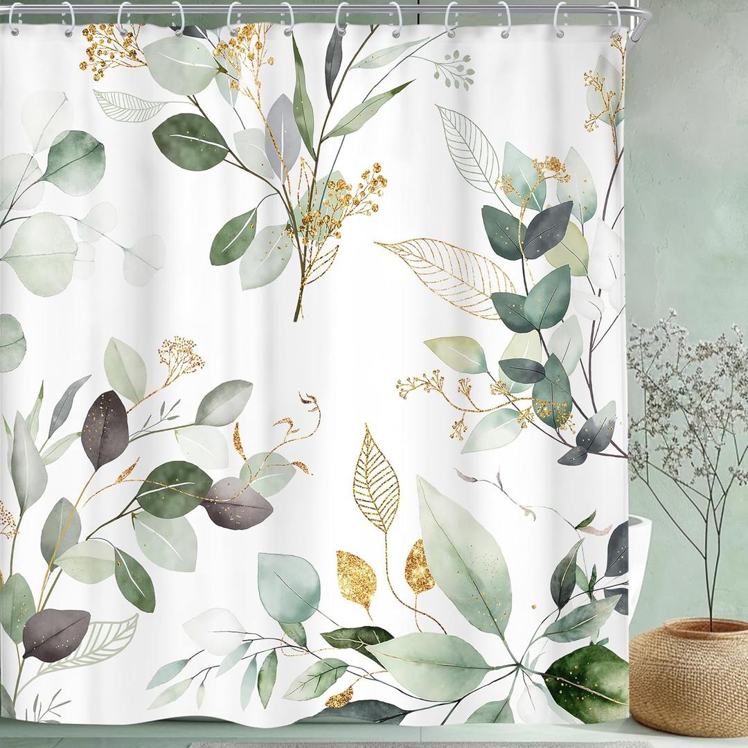 Riyidecor Extra Long Sage Green Shower Curtain 72Wx84H, Eucalyptus Golden Leaf Spring Botanical Bathroom Curtains, Watercolor Farmhouse Shower Curtain Sets with 12 Hooks Ideal for Bathroom Decor