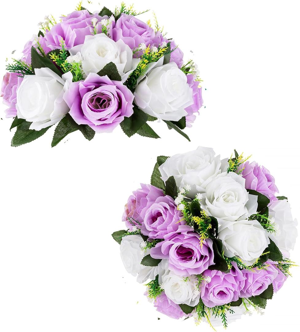 BLOSMON Lilac Purple Flowers Artificial: 2 Pcs Fake Roses Flower Balls Centerpiece for Wedding Table Decoration- Artificial Silk Kissing Bouquet Floral Arrangement for Home Party Event Decor (Lilac&white)