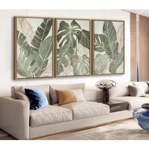 Large Framed Canvas Wall Art - Natural Float Framed Green Plantain Leaves Pictures Decor Brown Leaf Lines Painting Prints Rustic Botanical Artwork for Bedroom Living Room Decoration 60" X 28" Set of 3