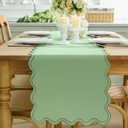 Scalloped Edge Table Runner 70 Inches Preppy Embroidery Edge Table Runner Cute Neutral Rustic Dining Decor for Kitchen(Moss Green,Sage Green)