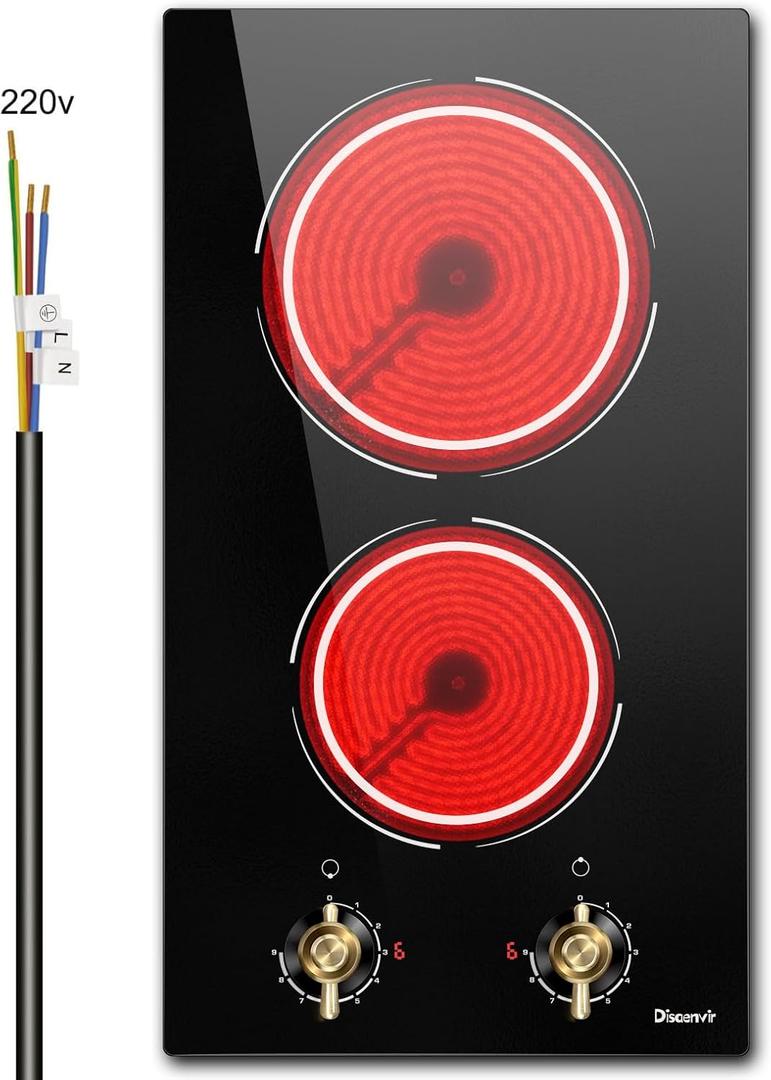 2 Burner Electric Cooktop - 12 Inch Electric Stove Top 3000W, 220V Built-in Ceramic Cook Top with Retro Knob, 9 Power Heating Level, 220-240V Hard Wired