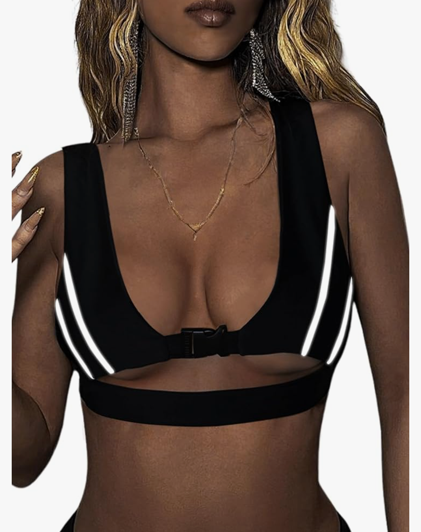 Reflective Rave Top for Women - Music Concert Crop Tank Y2K Buckle Underboob Shirt Sexy Bikini Bra Festival Outfits, XS