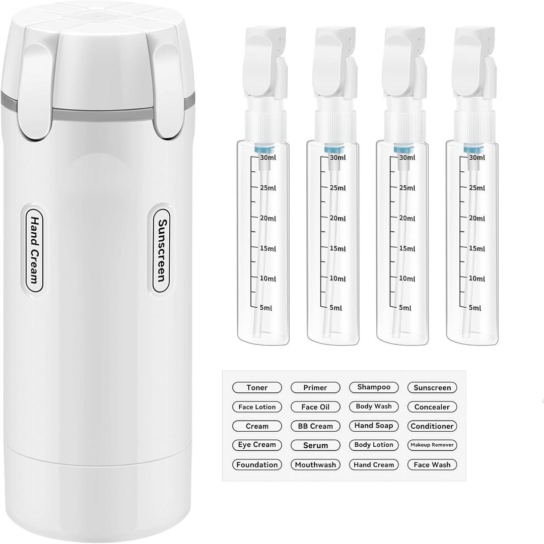 4 in 1 Travel Dispenser Bottle, 30ML*4 Refillable Pack Squeeze Bottles, Portable Leak Proof Travel Toiletry Containers for Toiletries/Shampoo/Conditioner/Shower Gel (White)