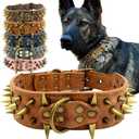 Spiked Studded Dog Collar for Dogs, 2 Inch Wide Bold PU Leather with Heavy Metal Hardware, Statement Piece for Pitbull Mastiff Rottweiler Doberman, Adjustable, Brown Large