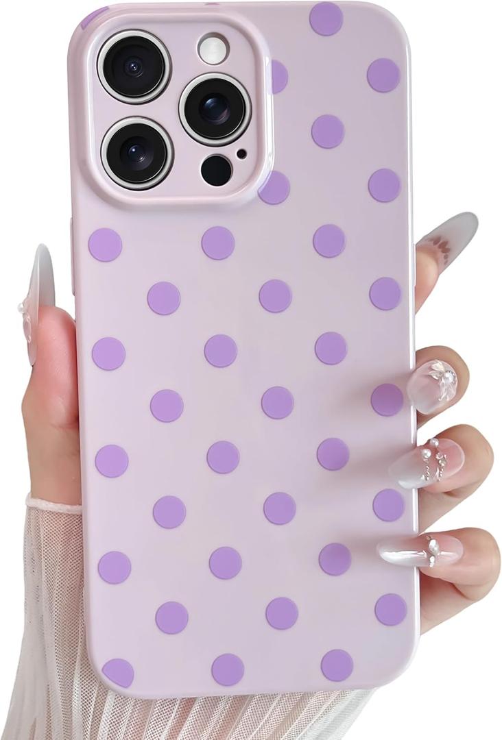 Skyseaco Compatible with iPhone 14 Pro Case Cute Polka Dot Phone Case Soft Slim TPU Shockproof Phone Cover Full Camera Protection for Women Girls - Purple
