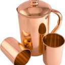 100% Pure Copper Pitcher 50.72 Oz / 1500 ml With 2 Tumblers | Drinking Water Plain Pitcher With Glasses | Copper Jug Set With Lid & Cups | Handle Water Bottle | Ayurveda Health Benefits