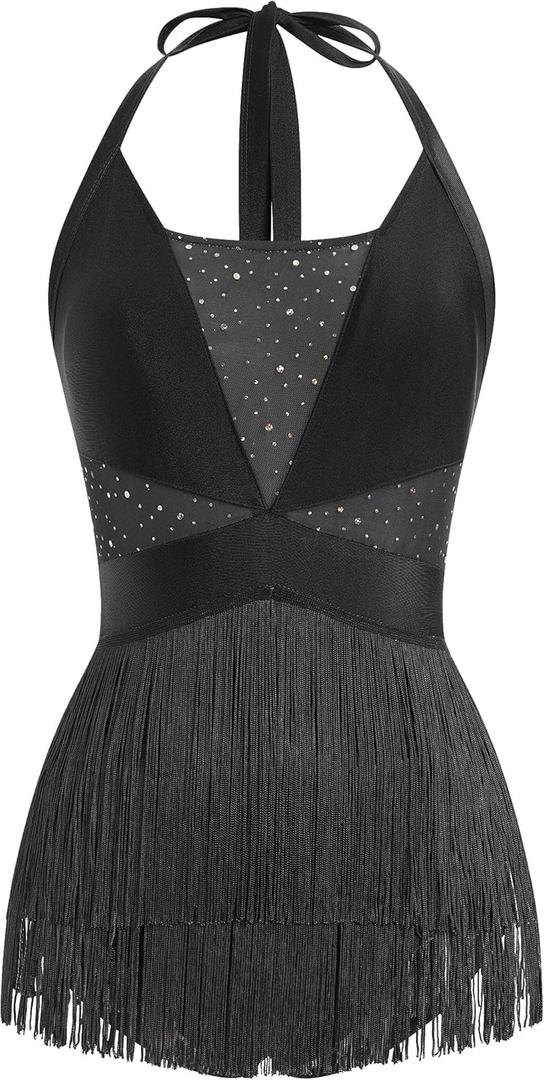 Rhinestone Fringe Bodysuit Women Tassel Latin Jazz Dance Costume Leotard Trapeze Artist Acrobat Costume Festival Rave Outfits (Black, XS)