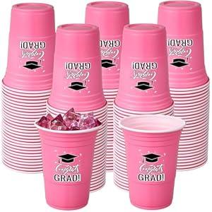 Ziliny 100 Pack Graduation Cups Bulk 16 oz Congrats Grad Cups 2025 Disposable Plastic Hot Cold Beer Beverage Drinks for School Graduation Party Decorations (Pink)