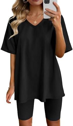 AGSEEM Two Piece Outfits For Women Summer V Neck T-Shirt Tops Biker Shorts Workout Sports Tracksuit, Black, Size L