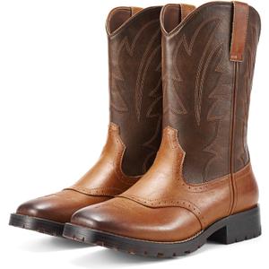 Rollda Cowboy Boots for Men Western Boots Men's Square Toe Chunky Heel Mid-Calf Boots Classic Embroidered Pull On Tabs (8, Brown)