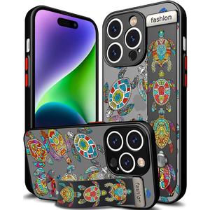 Compatible for iPhone 14 Pro Max Case Cute with Strap Stand Finger Kickstand, Designer Cool Silicone Cases Funda Cover - Blue Sea Turtles