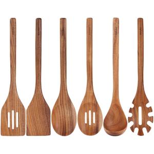Acacia Wood Utensils Set - 6 Piece Handmade Wooden Spoons for Cooking, Natural Acacia Wood Kitchen Utensils for Non-stick Cookware, Turner, Serving Spoon, Slotted Spoon, Soup Ladle, Spaghetti