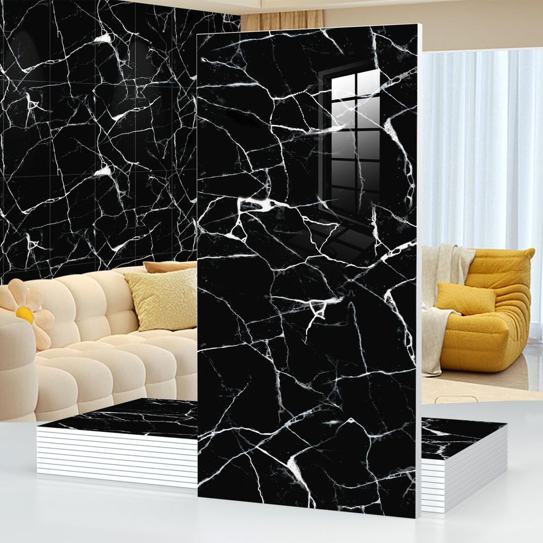 10pcs 23.6"x11.8" Marble Peel and Stick Waterproof Wall Panels (19.4 Sq. Ft. Coverage) - Heat-Resistant Backsplash Tile, PVC Wall Panels for Kitchen, Bathrooms, Living Rooms, Bedrooms,Black (Black Marble Tiles)