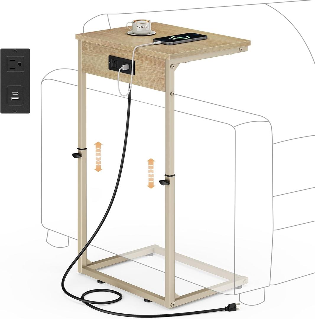 Vagusicc C Shaped End Table with Charging Station, Adjustable Height Side Table for Couch, Small Side Table, 33.2'' Tall Couch Tables that Slide Under, Tv Tray End Table for Living Room, Natural