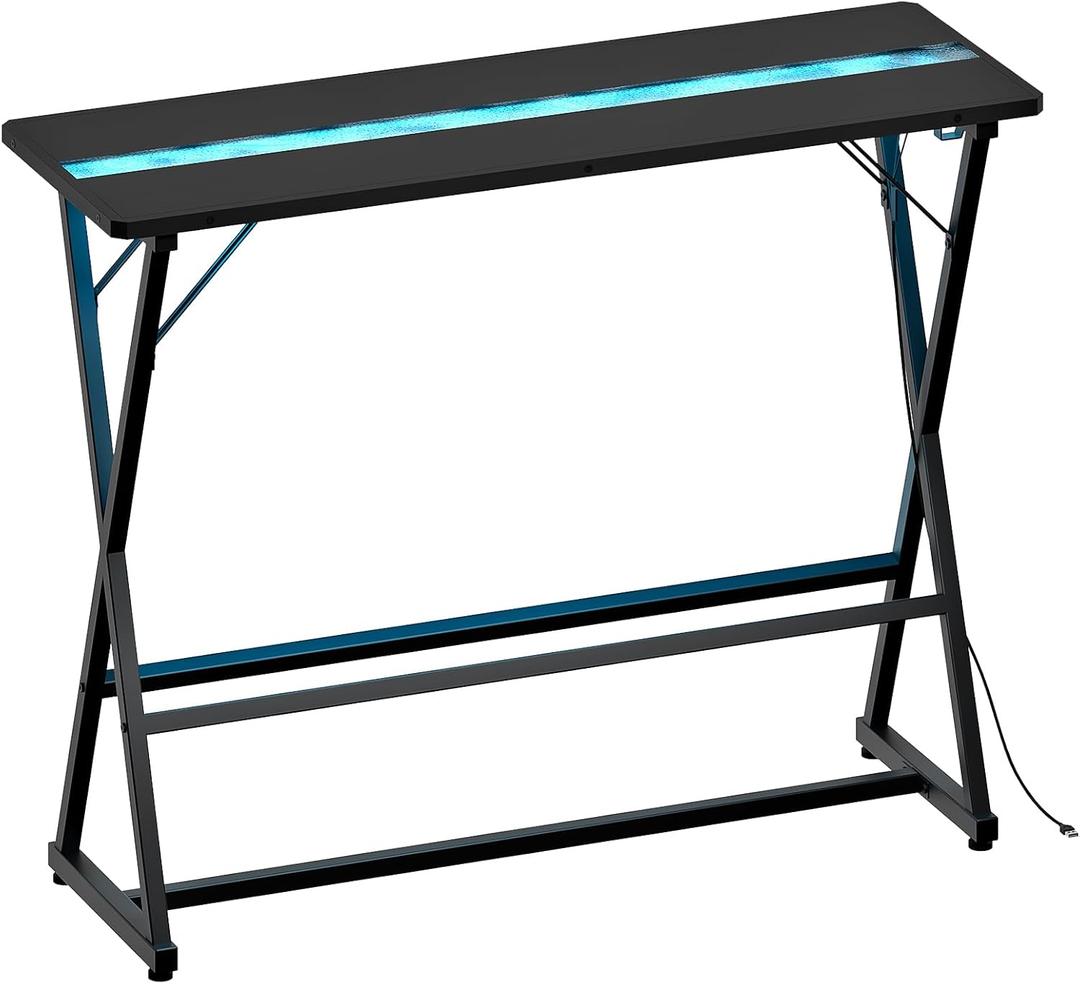 HOOBRO Bar Table,47.1" Rectangular Pub Table, Tall Counter Bar Height Table with LED Light and Glass Decoration, Modern Dining Table Footrests, for Dining Room, Pub, Tavern, Black BB68DBT01