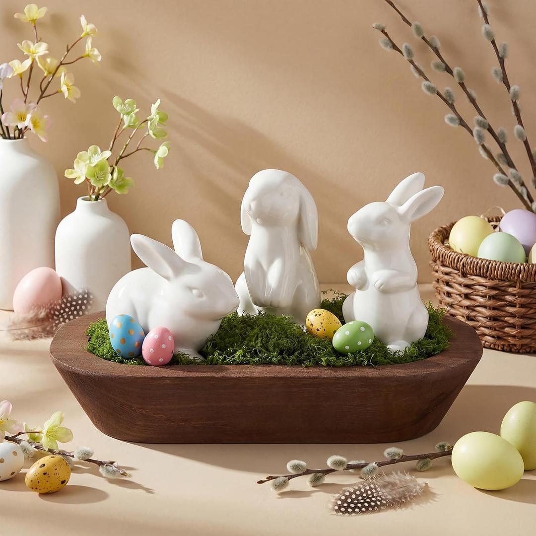 Bucherry 5 Pack Easter Bunny Decoration 3 Ceramic Bunny Figurines 1 Wooden Dough Bowl 1 Pack 50g Artificial Moss for Easter Party Table Centerpiece Corner Ornaments Home Display