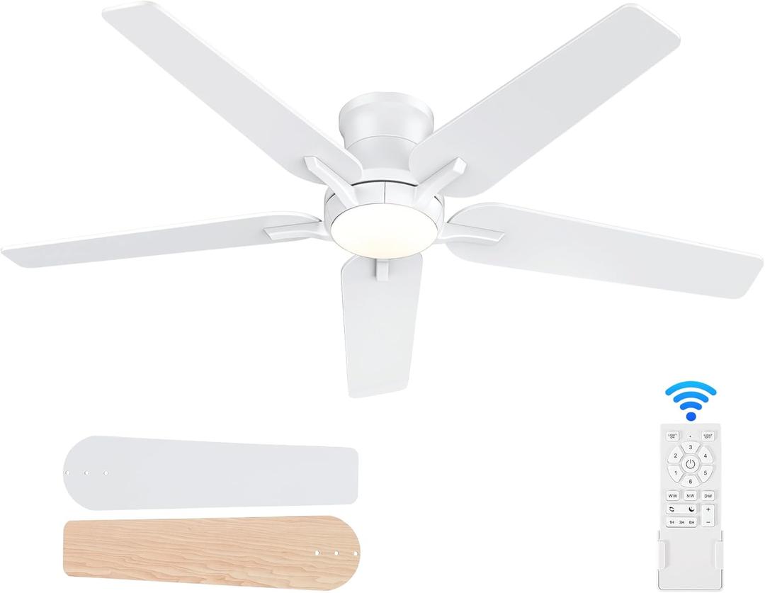 52 Inch White Ceiling Fans with Lights and Remote, Flush Mount Low Profile Ceiling Fan for Bedroom, Living Room, Patio, Dimmable 6 Speeds Noiseless Reversible