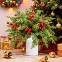 CloudValley 50pcs Artificial Christmas Flowers with a Vase, Red Berry Stems & Faux Norfolk Pine Garland Branches, Evergreen Picks Suitable for DIY Christmas Trees, Winter Home Holiday Decor