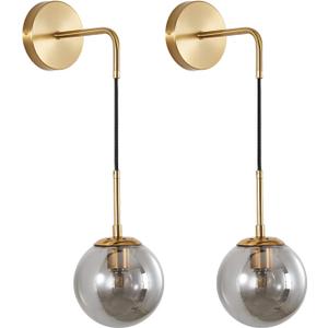 KCO Lighting Modern Glass Globe Wall Sconce Minimalist Gold Wall Mounted Sconce Light with Smoke Grey Lampshade Round Wall Lamp for Bathroom Mirror Bedroom (Smoke Grey-2PC) (1-Smoke Gray)