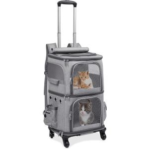 Double-Compartment Pet Carrier Backpack with Wheels for Small Cats and Dogs, Cat Rolling Carrier for 2 Cats, Perfect for Traveling/Taking a Walk/Trips to The Vet, Grey