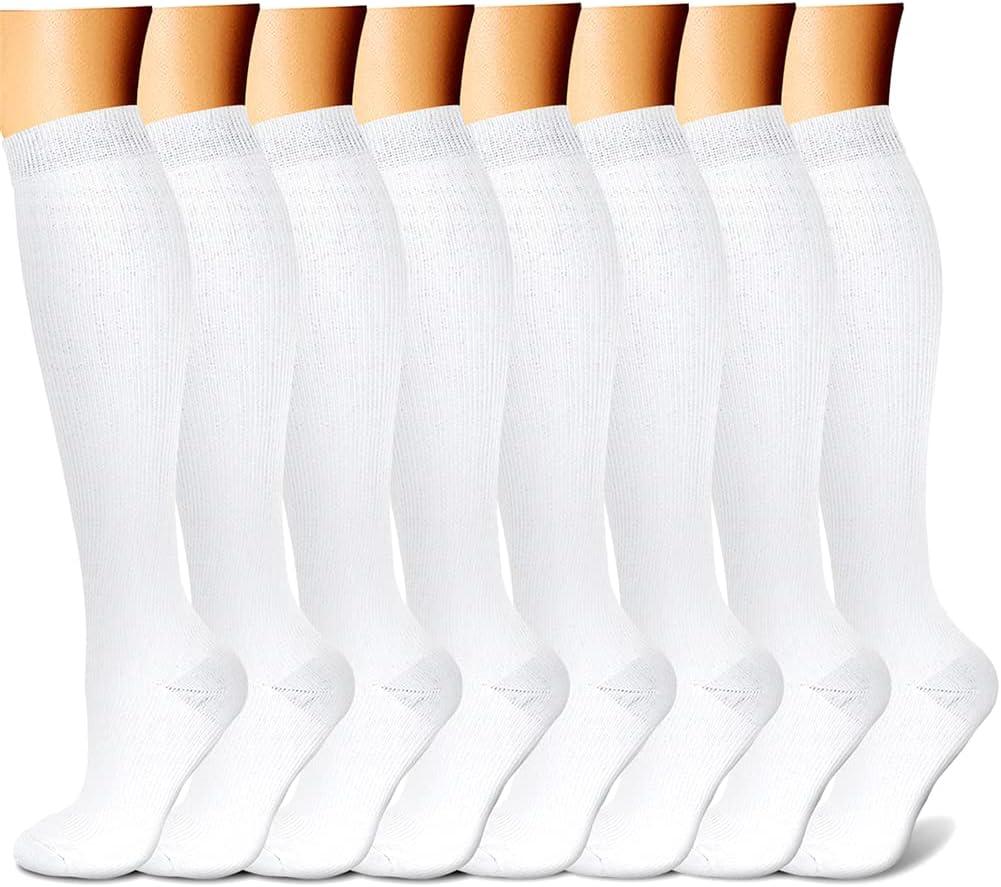 CHARMKING Compression Socks for Women & Men Circulation (8 Pairs) 15-20 mmHg is Best Support for Athletic Running,Cycling (White, S)