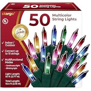 Warm Multi Color Christmas Lights - 9 ft String of 50 Incandescent Mini Bulbs Multifunctional Lighting Modes, for Decorative, Bedroom, Outdoor, Xmas Twinkle Tree Lights with Green Wire Total 10.4 ft