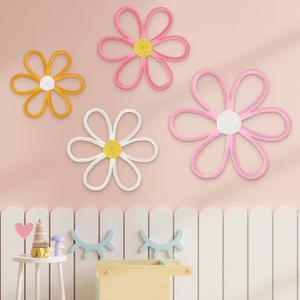 Ganeen Boho Nursery Woven Daisy Flowers Daisy Wall Decor Nursery Decor Macrame Wall Hanging Supply for Girl Bohemian Art Home Bedroom Room Flowers Set of 4 (6 Petals) (Pink, White, Light Yellow, Light Orange)