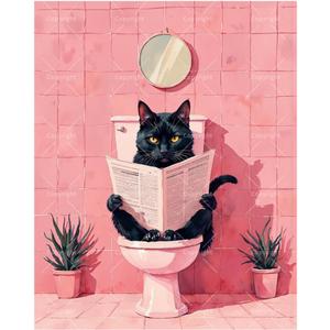 Funny Animal Paint by Numbers Kit for Adults - DIY Black Cat Reading on Toilet Painting on Canvas, Acrylic Paint Set, Suitable for Beginners, Art for Home Decoration or Gifts(16X20IN Framed)