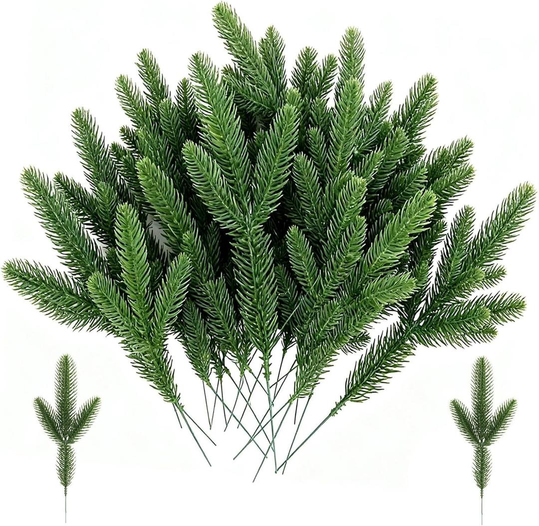 40 Pcs Green Pine Needle Branches, Artificial Christmas Plants New Year Picks Decoration for Wreath Garland Tree