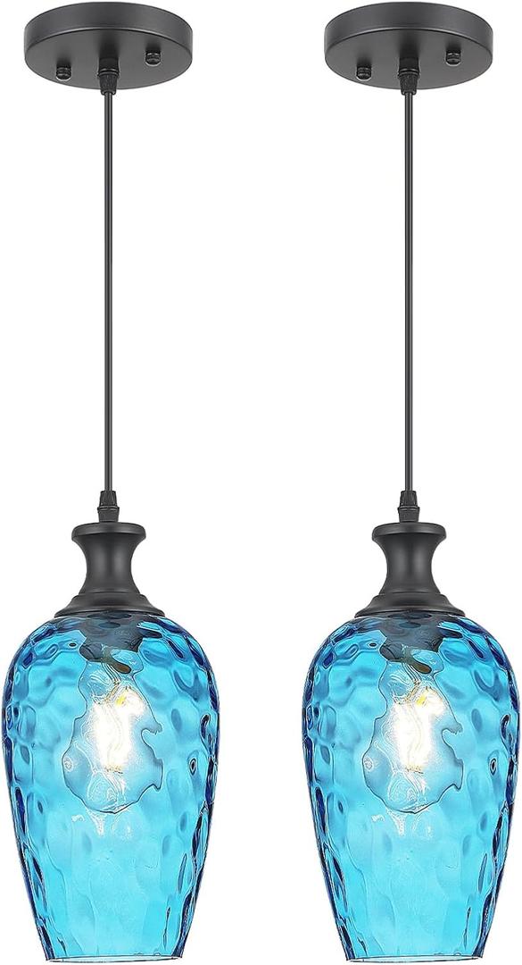 Pendant Lights Kitchen Island 2 Pack, Blue Glass Pendant Light Fixtures with Hammered Glass, Modern Hanging Light for Kitchen Sink Dining Room Bedroom