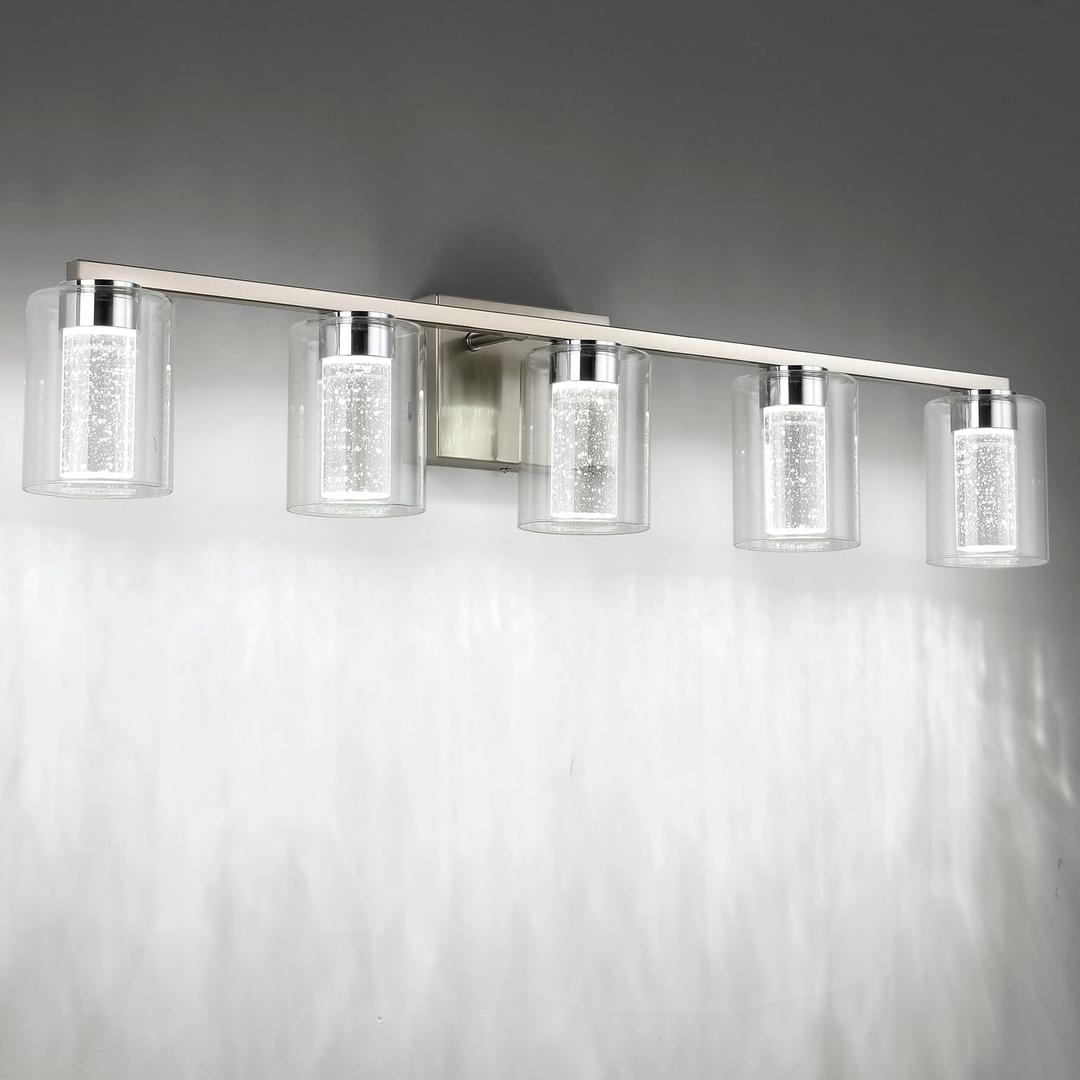 SineRise 5-Light Brushed Nickel Vanity Light with 3 Color Modes (3000K/4000K/6000K), Eye Protection LED Bathroom Light Fixture, Dimmable Modern Wall Light Over Mirror with Clear Glass Shade