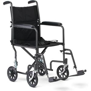 Medline Durable Folding Steel Transport Wheelchair with Swing-Away Footrests, 19-Inch Seat Width, Black Frame, Black Upholstery