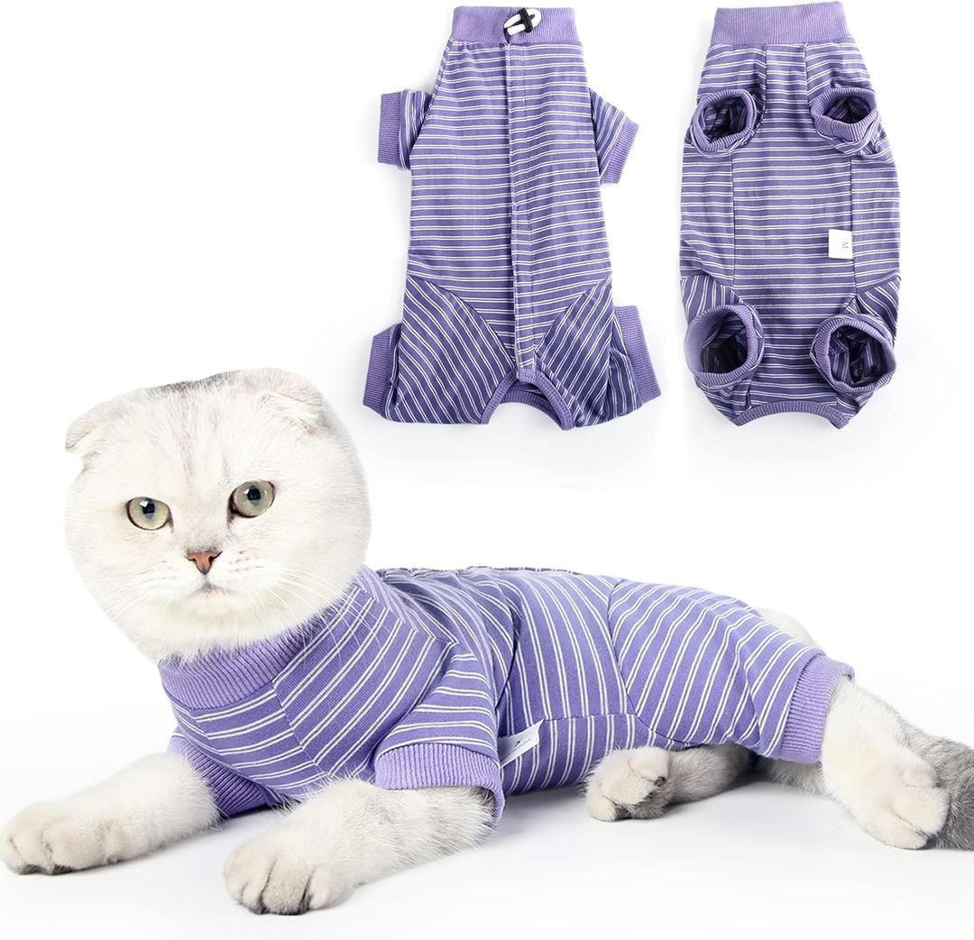LIANZIMAU Cat Surgical Recovery Suit Professional for Male Female Dog Abdominal Wounds Cone E-Collar Alternative Anti-Licking Pet Surgical Recovery Pajama Suit Soft Fabric Onesie for Cats, M (Pack of 1), Violet Striped
