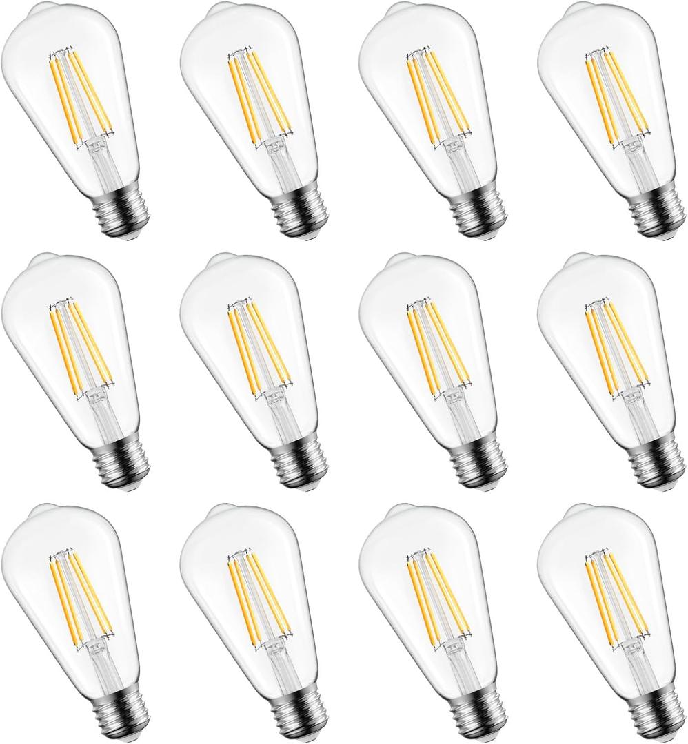 Brightown 12 Pack LED Edison Bulbs, 6W, Equivalent 60W, High Bright 2700K Warm White,750 Lumens, Non-Dimmable, E26 Medium Base ST58 Antique Filament Bulbs with 83+ CRI for Ceiling Fan Bathroom Porch