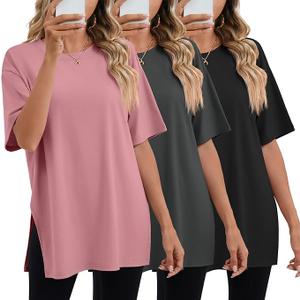 Huukeay 3 Pack Women's Oversized Gym T Shirts Cotton Short Sleeve Side Split Crewneck Tops Casual Workout Baggy Basic Tee XL