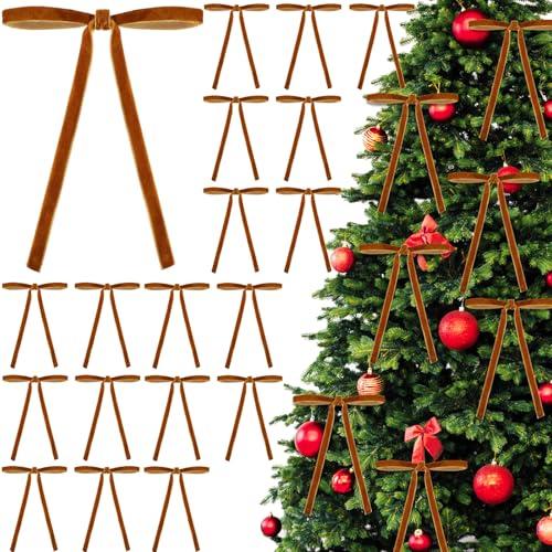 DIYDEC 24PCS Velvet Christmas Bow Ornament 5 x 7 Inch Xmas Wreath Ribbon Bows Christmas Tree Hanging Crafts Gift Bows Pendants for Holiday Home Outdoor Indoor Party Garland Decoration(Gold)