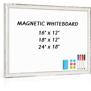 White Board for Wall, 24" x 18" Magnetic Dry Erase Board, Vintage Wooden Frame Decorative Whiteboard, Wall Mounted, White-Washed, Aesthetic Writing Board for Home, Office, School