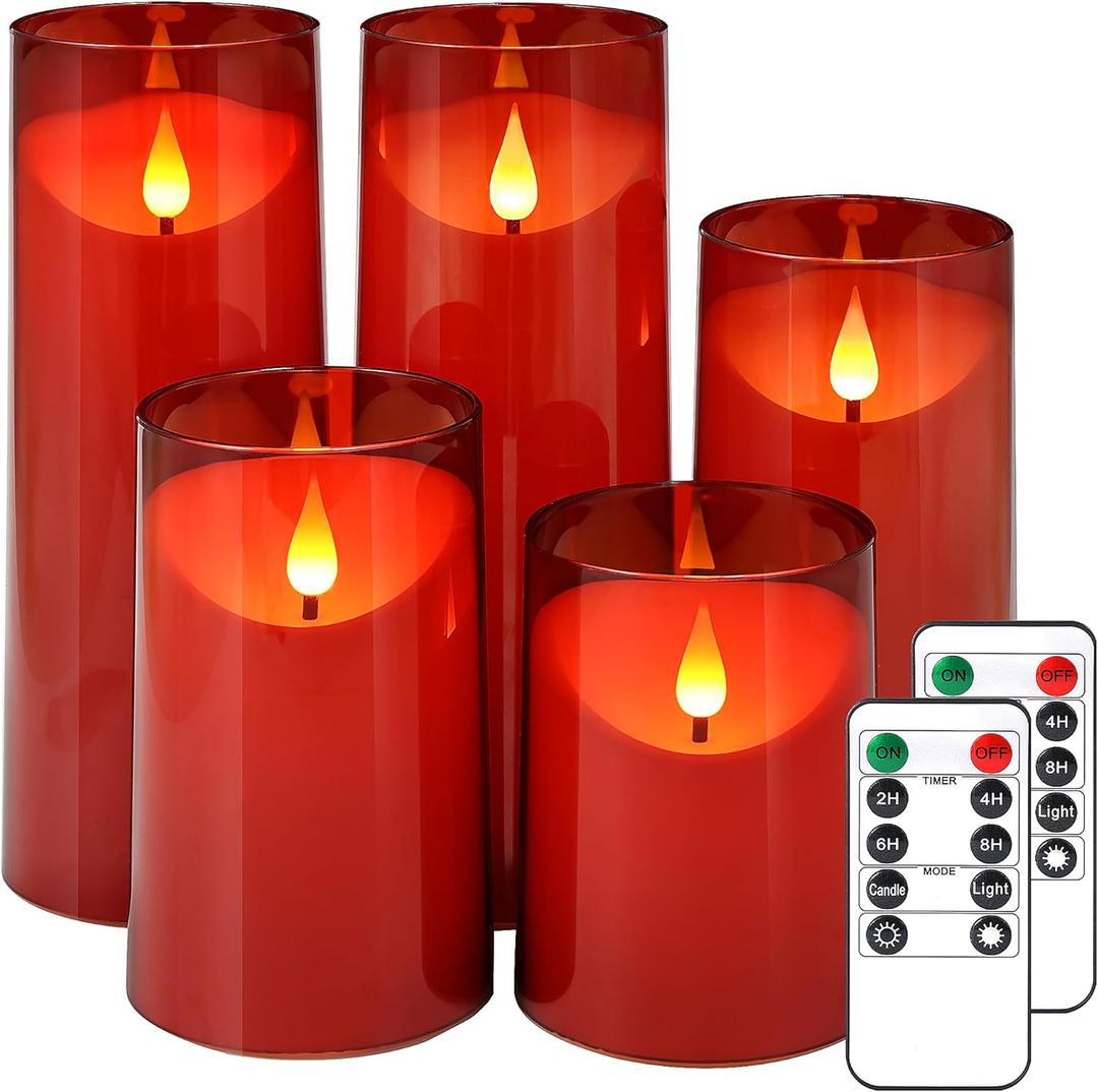 NURADA Flameless Candles, Acrylic LED Pillar Candles Battery Operated with Remote and Timer for Romantic Ambiance and Home Table Bathroom Decor, Pack of 5 (D 3"H 4" 5" 6" 8" 8") (Red)