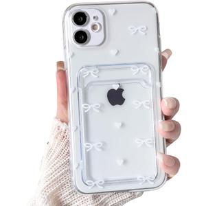 NITITOP Compatible with iPhone 12 Case Clear with Card Holder Cute Bow Knot Love Heart Design for Women Girls Soft TPU Shockproof Wallet Case Protective Phone Cover - White