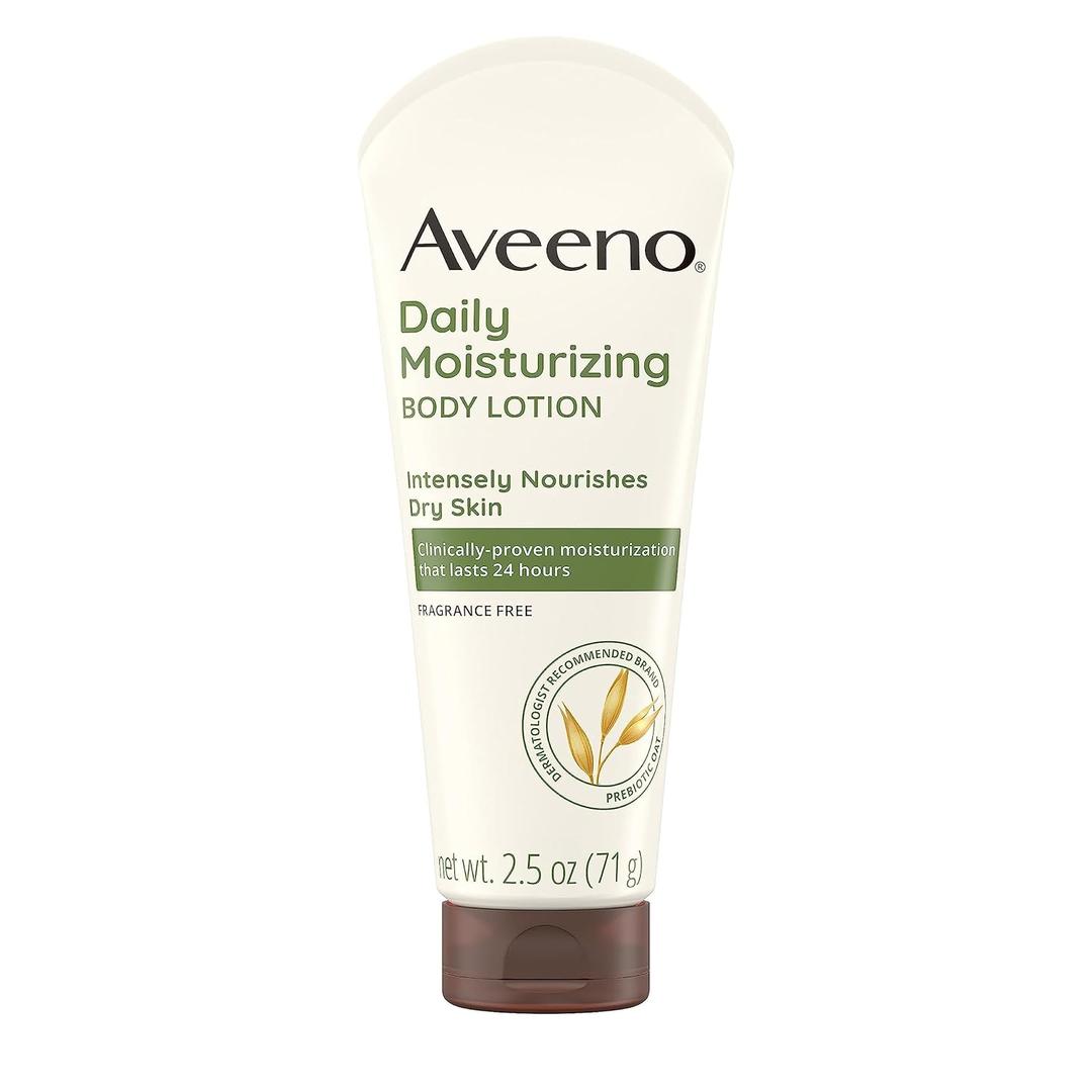 Aveeno Daily Moisturizing Body Lotion with Soothing Prebiotic Oat, Gentle Lotion Nourishes Dry Skin With Moisture, Paraben-, Dye- & Fragrance-Free, Non-Greasy & Non-Comedogenic, 2.5 fl. Oz (2.5 Ounce (Pack of 1))
