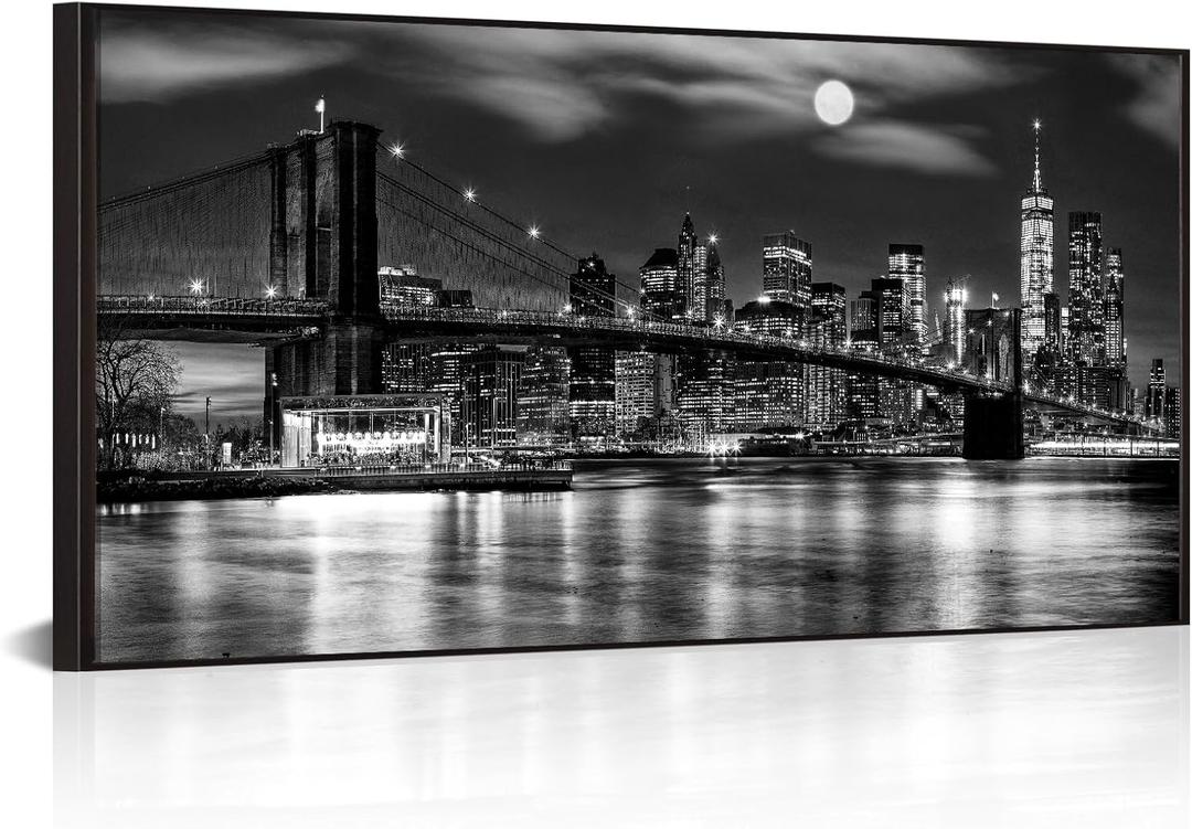 LevvArts New York City Wall Art Black and White Brooklyn Bridge, 40"L x 20"W