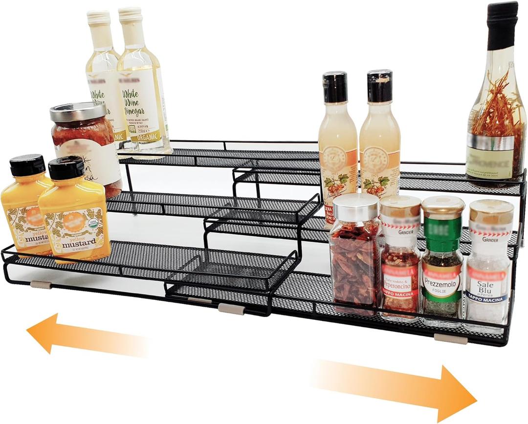 3 Tier Wide Expandable Cabinet Spice Rack Organizer (14.5" to 29.1") - Step Shelf with Protection Railing, Black
