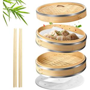 Flexzion Bamboo Steamer Basket Set (10 inch) with Stainless Steel Banding, 50 x Steamer Liners and 2 Pairs of Chopsticks, Steam Baskets for DimSum Dumplings, Rice, Vegetables, Fish and Meat