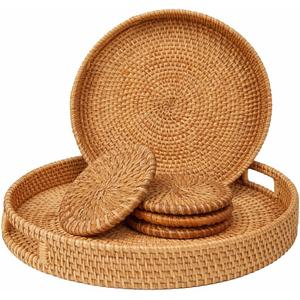 Round Rattan Serving Tray Set (2 Nesting Sizes) with Handles, 4 Coasters Included, Handwoven Boho Wicker Organizer for Coffee Table or Ottoman, 14.2 x 2.3 in and 11.9 x 1.7 in