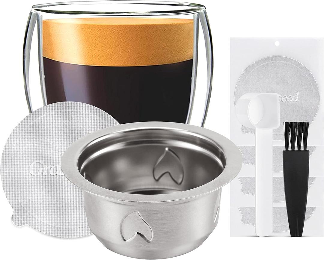 Grasseed Refillable Vertuo Capsule, Reusable Stainless Steel Vertuo Pod Kit with 40 Foil Lids, Spoon, Brush, Brew 7.8oz- Compatible with Vertuoline Machine